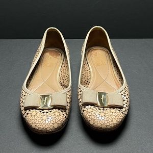Tan Ferragamo Patent Leather Flats with Laser Cut Outs